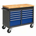 Chariot à outils Qaldrion en acier bleu noir avec plan de travail en bois et 12 tiroirs pour rangement d'atelier.