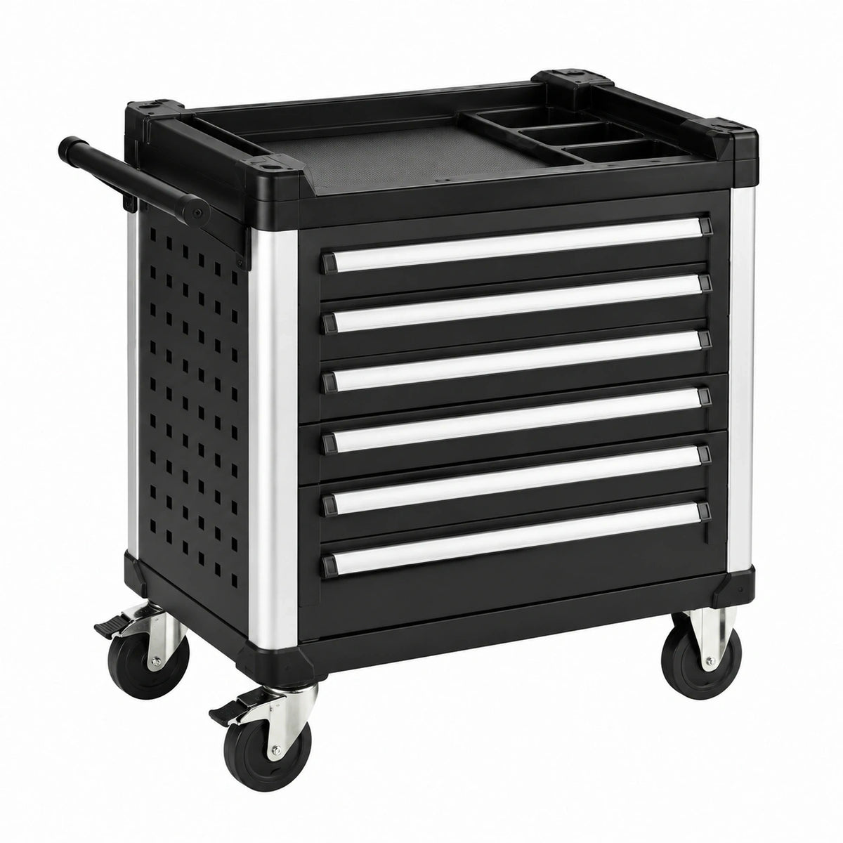 Chariot à outils Qaldrion en acier noir, servante d'atelier 77x46x97 cm avec 6 tiroirs sur roulettes.