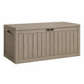 Coffre de rangement extérieur Qaldrion en résine gris taupe aspect bois, 120x60x65 cm avec couvercle pour rangement extérieur.