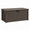 Coffre de rangement extérieur Qaldrion en plastique brun foncé, 132 x 71 x 69 cm avec couvercle pour espace extérieur