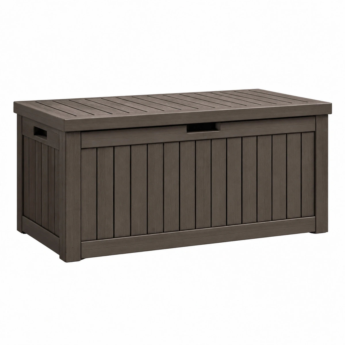 Coffre de rangement extérieur Qaldrion en plastique brun foncé, 132 x 71 x 69 cm avec couvercle pour espace extérieur