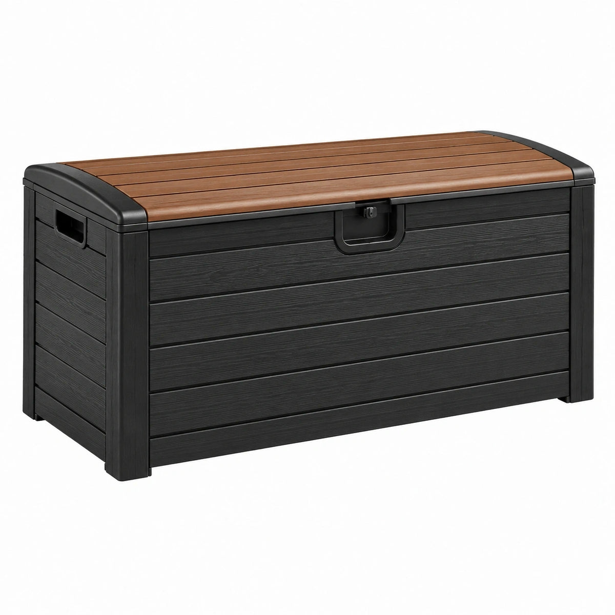 Coffre de rangement extérieur Qaldrion en résine noir/marron avec couvercle effet bois, dimensions 145 x 75 x 65 cm.