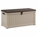 Coffre de rangement extérieur Qaldrion en résine beige et marron, 120x60x65 cm avec couvercle verrouillable.