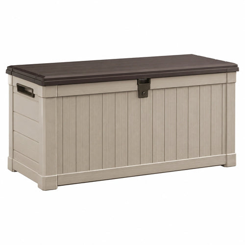Coffre de rangement extérieur Qaldrion en résine beige et marron, 120x60x65 cm avec couvercle verrouillable.