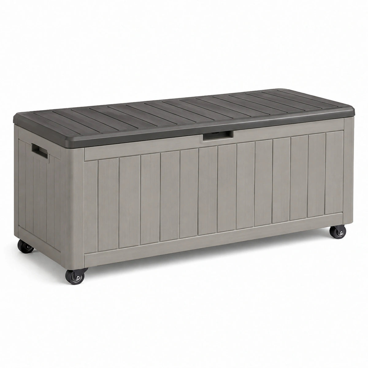 Coffre de rangement extérieur Qaldrion en résine grise, 151,7 x 72,5 x 70 cm, avec roulettes pour faciliter le déplacement