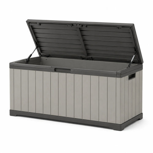Coffre de rangement extérieur Qaldrion en résine gris anthracite, 120x60x63 cm avec couvercle à vérins.