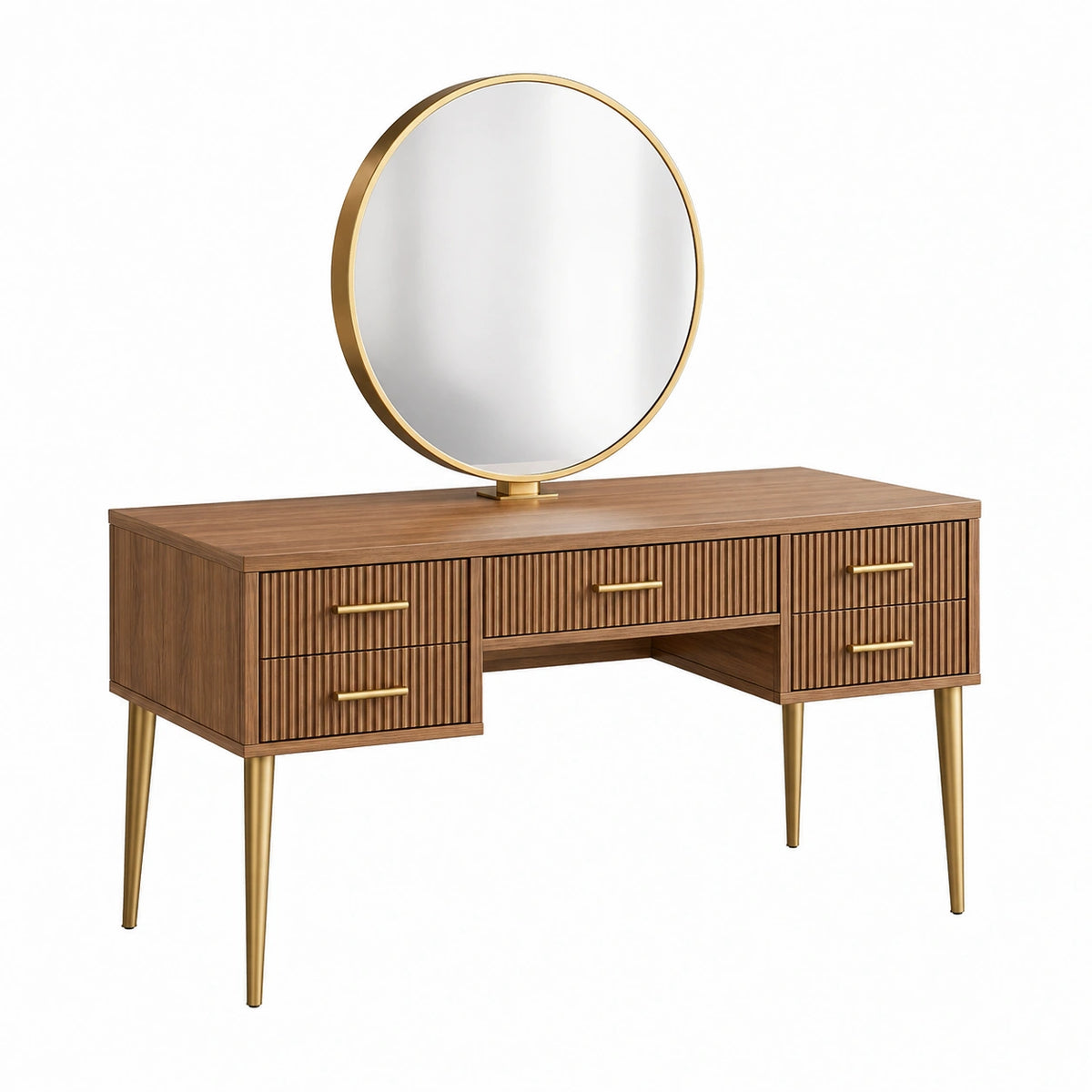 Coiffeuse en bois brun Qaldrion avec miroir rond et tiroirs, style contemporain, dimensions 120x45x145 cm.
