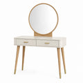 Coiffeuse moderne blanche et bois de 100 cm avec miroir rond et deux tiroirs, design élégant et fonctionnel.