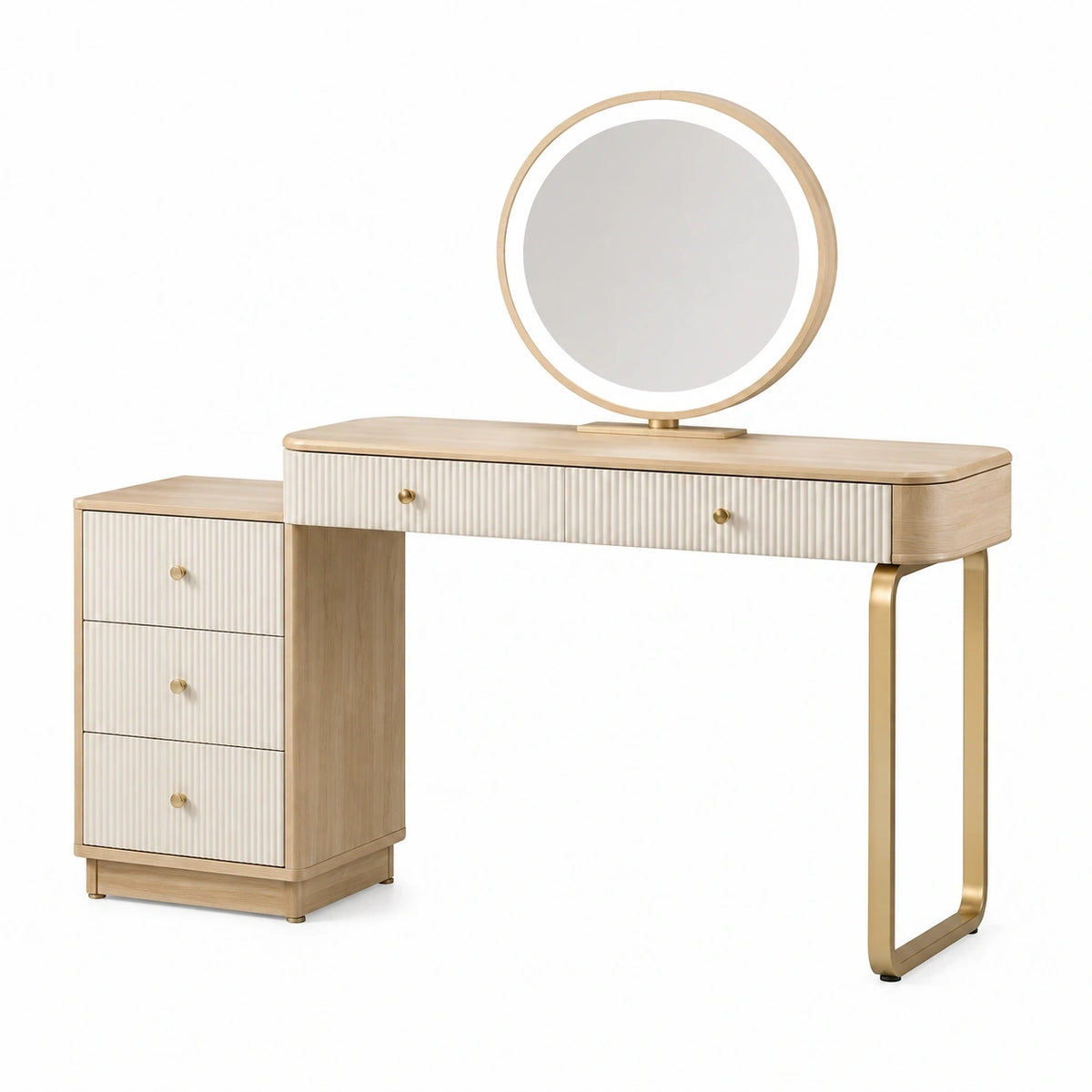 Coiffeuse beige et blanche Qaldrion avec miroir rond, rangements, dimensions 120x50x75 cm, élégante et pratique.