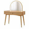 Coiffeuse en bois naturel Qaldrion avec miroir arche et tiroir en rotin, style vintage, dimensions 100x45x145 cm