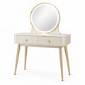 Coiffeuse blanche et dorée Qaldrion avec miroir rond et deux tiroirs, dimensions 100x45x145 cm, élégante et moderne.