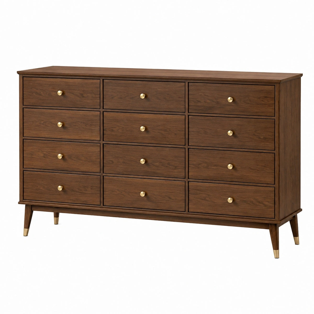 Commode Qaldrion en bois marron rétro de 180 cm avec 12 tiroirs, style vintage et finition élégante.