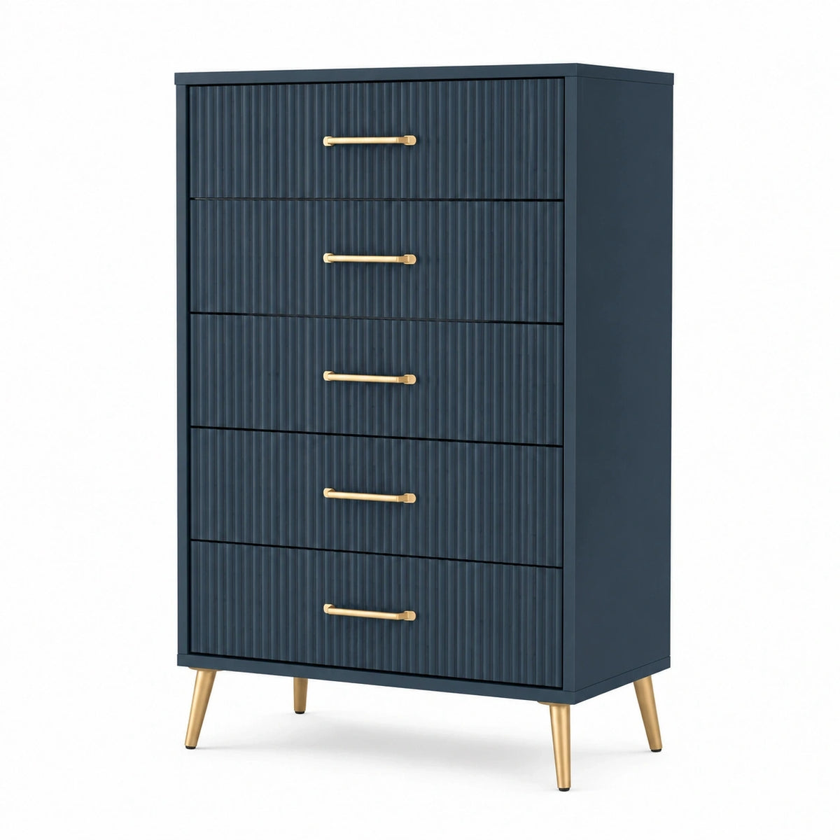 Commode moderne Qaldrion à 5 tiroirs en panneaux de bois bleu foncé, dimensions 80x40x120 cm, style contemporain.