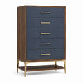 Commode contemporaine Qaldrion en bois brun et bleu marine avec 5 tiroirs, dimensions 90x45x150 cm.
