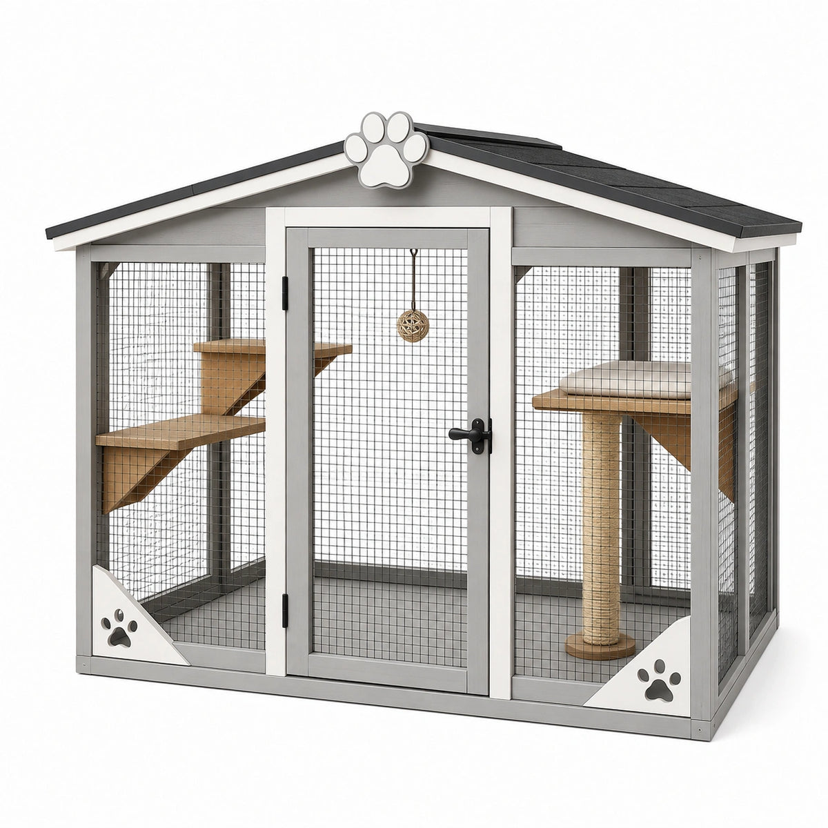 Enclos intérieur pour chat Qaldrion en bois gris, 120x80x140 cm avec grillage et plateformes pour espace de jeu.