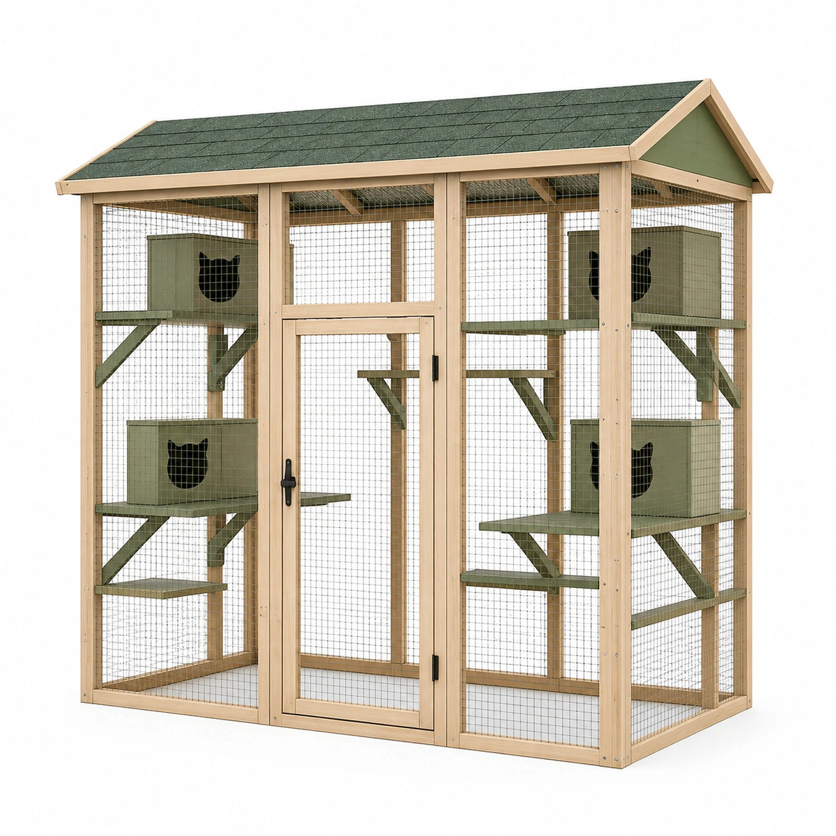 Enclos extérieur pour chat Qaldrion, bois naturel et vert, avec grillage et abris surélevés, dimensions 180x90x180 cm