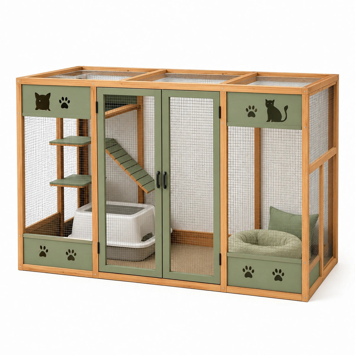 Enclos pour chat Qaldrion en bois et métal vert, 150 x 80 x 120 cm avec plateformes et rampe pour animaux domestiques