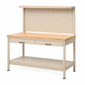 Établi d'atelier Qaldrion en acier beige avec plateau en bois, rangements et panneau perforé, dimensions 120x60x170 cm.